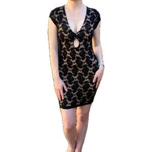 Nightcap Mini Dress Black Lace Bodycon Keyhole Nude Illusion Sexy Date Night XS
